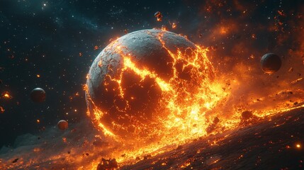 Obraz premium Exploding Planet in Space with Fiery Lava Generative AI
