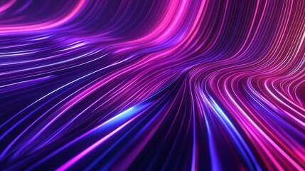 Fototapeta premium Abstract 3D panoramic scene with neon lines in purple, violet, and pink, glowing in ultraviolet light for a striking effect