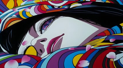 Obraz premium A woman reclining under a cherry blossom tree, with petals floating in the breeze