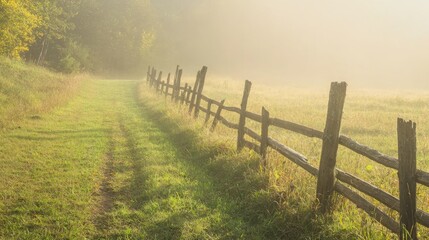 Obraz premium Serene Autumn Morning: Rustic Fence Surrounded by Golden Foliage in Misty Field at Sunrise