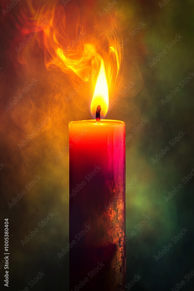Poster a striking image of a red candle with a bright flame and colorful smoky background, perfect for crea