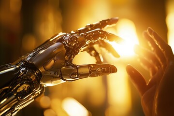 Humanity and AI: A robotic hand reaches towards a human hand, symbolizing the collaboration and connection between artificial intelligence and humanity in a futuristic, warm-lit setting.