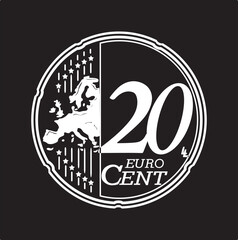 20 euro coin vector design in white color and on a black background, handmade silhouette.