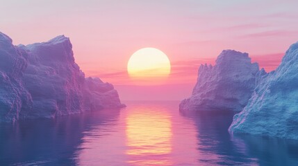 Abstract 3D render featuring a modern zen landscape with cliffs and water, set against a minimalistic backdrop with a glowing sunset or sunrise