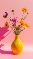 Vibrant floral arrangement in a yellow vase on a pink background