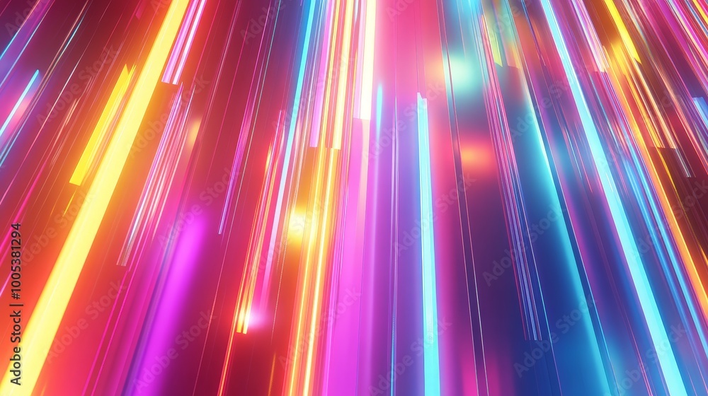 Poster abstract 3d render featuring a vibrant spectrum of neon rays and glowing lines, delivering a bright 