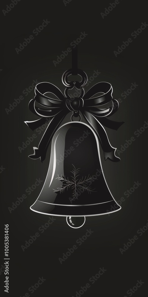 Poster a black bell with a bow hanging from it. the bell is shiny and has a snowflake design on it