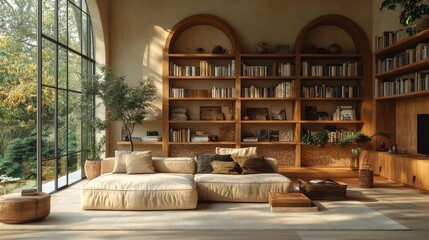 Cozy Living Room with Large Window and Wooden Bookshelves Generative AI