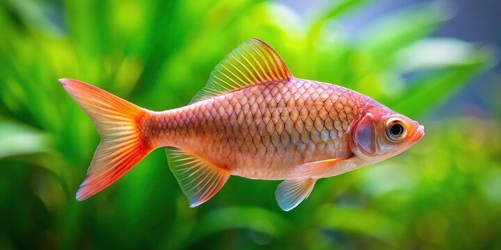 Rosy Barb Pethia conchonius freshwater tropical aquarium fish swimming in a tank seen from a worm's eye view