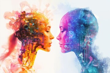 Cybernetic Harmony: A mesmerizing digital painting of two women, their faces merging with intricate robotic components, symbolizing the fusion of humanity and technology.