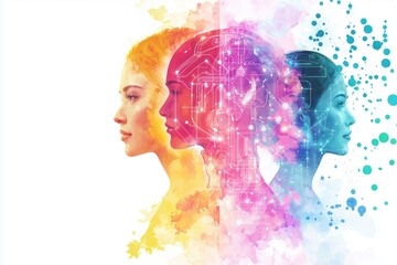 Digital Evolution: A vibrant, artistic portrayal of three female profiles merging technology and nature, symbolizing the seamless integration of humanity and AI.  