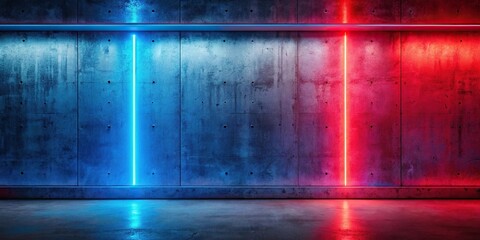 Naklejka premium Rough concrete wall background with red blue neon lights and glowing lights