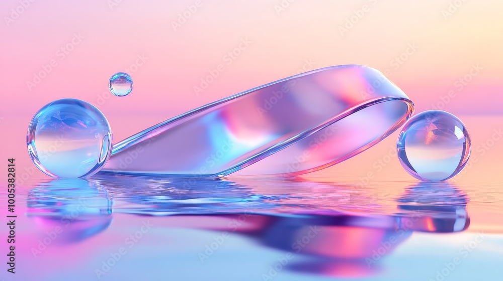Poster abstract 3d render showcasing a glass ribbon on water with floating geometric shapes like circles an