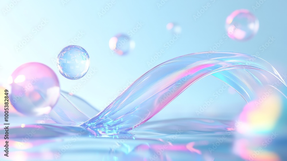 Poster abstract 3d render showcasing a glass ribbon on water with floating geometric shapes like circles an