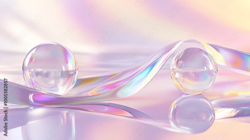 Poster abstract 3d render showcasing a glass ribbon on water with floating geometric shapes like circles an