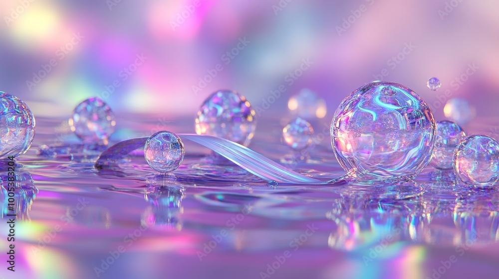 Poster abstract 3d render with a glass ribbon on water and floating geometric circles and spheres. iridesce