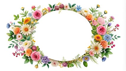 Fototapeta premium Round frame of various flowers on a white background silhouette