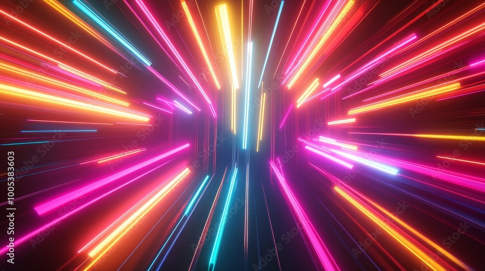 Aufkleber abstract 3d render with neon rays and glowing lines in a vibrant spectrum of colors, delivering a br