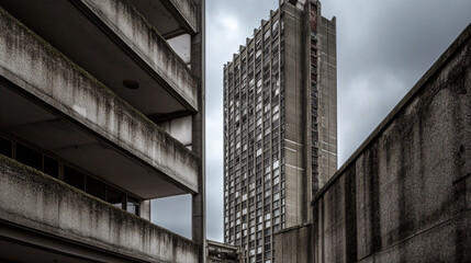 Urban architecture contrasts in a gray cityscape with towering concrete structures