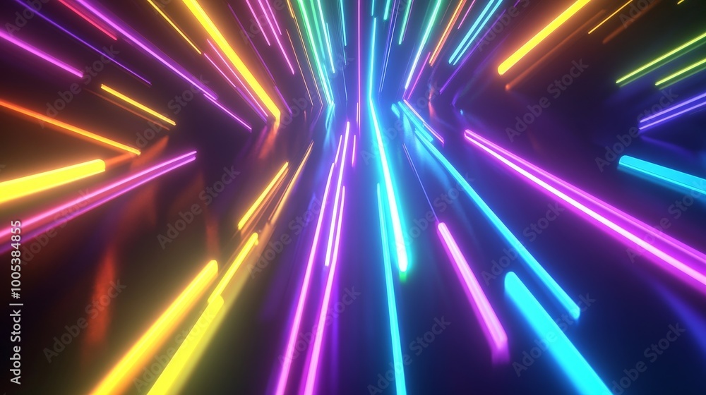 Poster abstract 3d scene with a spectrum of bright colors, featuring neon rays and glowing lines for a stri