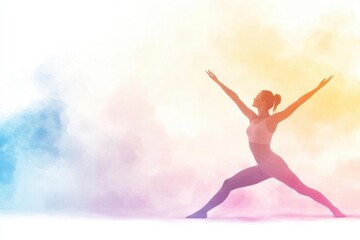 Naklejka premium A graceful female dancer in a vibrant pose against a colorful, ethereal background, symbolizing movement and creativity.