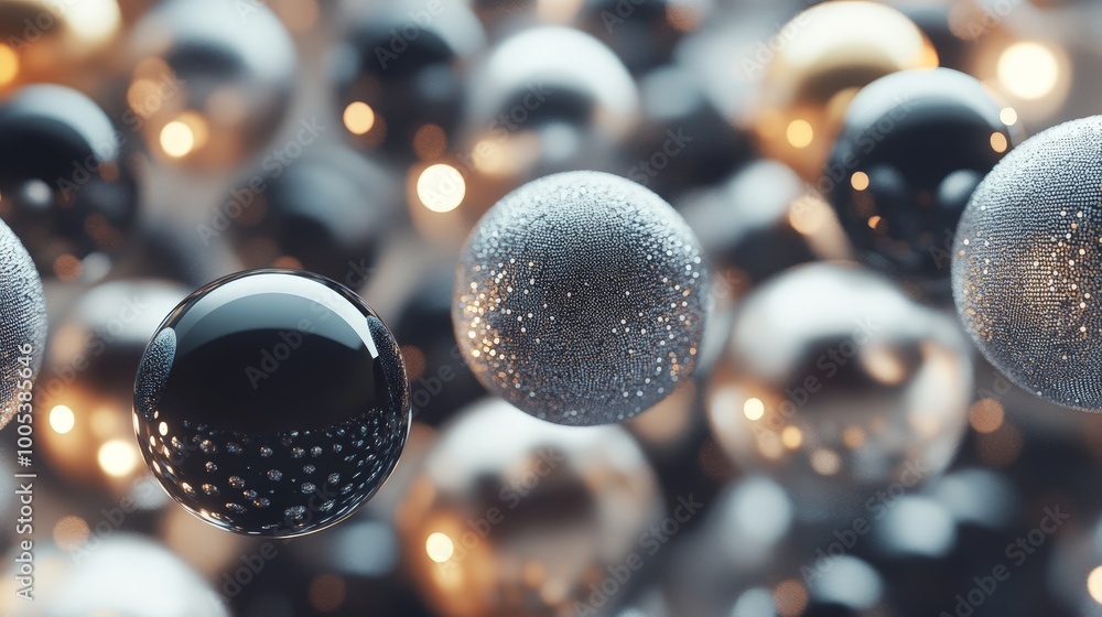 Poster abstract 3d spheres with shimmering textures, arranged in a floating pattern with subtle lighting an