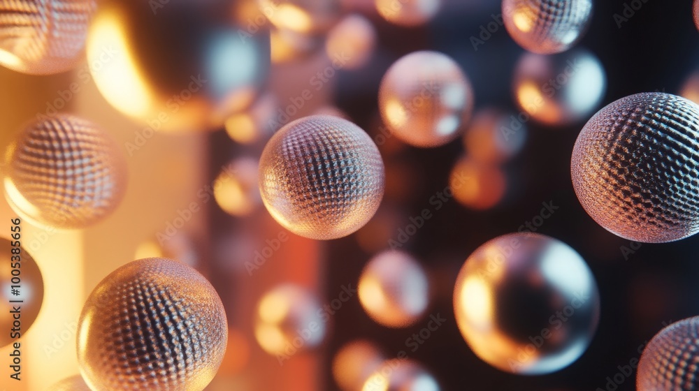 Poster abstract 3d spheres with shimmering textures, arranged in a floating pattern with subtle lighting an