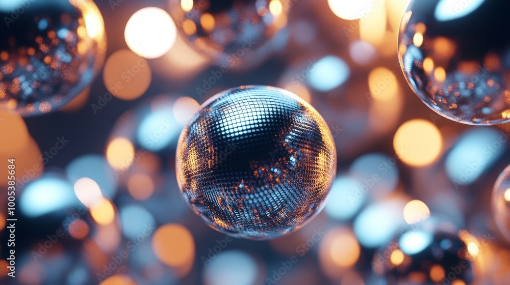 Poster abstract 3d spheres with shimmering textures, arranged in a floating pattern with subtle lighting an