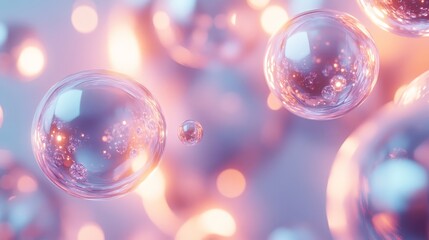 Abstract 3D spheres with translucent surfaces and glowing edges, floating in a soft, pastel-colored environment