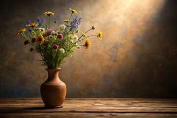Rustic clay vase with wildflowers
