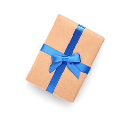 Christmas gift box with blue ribbon on white background