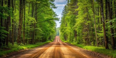 Obraz premium Rustic dirt road through dense forest in Wisconsin