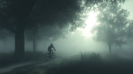 Obraz premium A cyclist in the early morning fog, riding through a quiet, misty park with soft sunlight beginning to break through the trees.