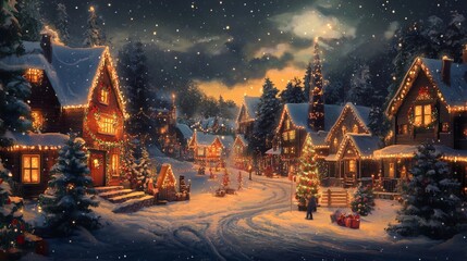 A picturesque snowy village adorned with festive lights and decorated trees, capturing the magic and warmth of Christmas at night.