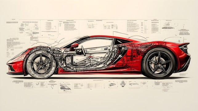 Advertising Poster of a Futuristic Red Sports Car with Detailed Technical Diagram