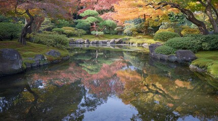 Serene Autumn Tranquility - Peaceful Pond Reflection with Colorful Fall Foliage