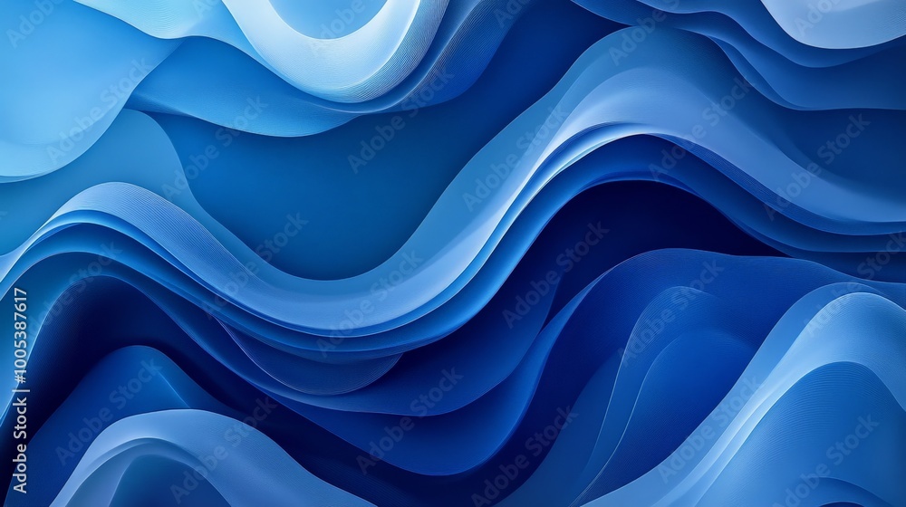 Poster abstract blue wave art with flowing, smooth curves. the design features various shades of blue blend