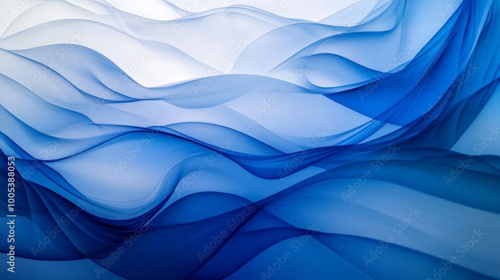 Poster abstract blue wave design with layered, translucent curves. the varying blues blend to form a harmon