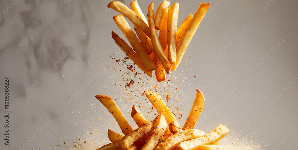 Wall mural a dynamic image capturing the moment french fries are seasoned, creating a tantalizing display of fo