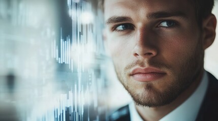 A focused young man in a suit, overlayed with digital data visuals.