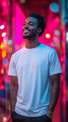 Obraz premium Front View of White Streetwear T-Shirt in Industrial Studio with Dynamic Lighting