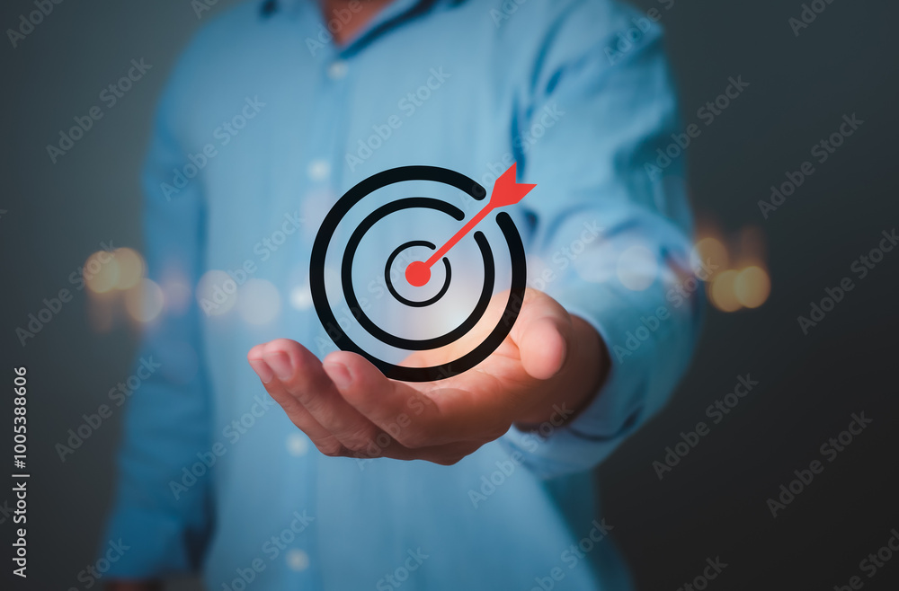 Poster man hold virtual target icons for business objective, targeting business concept, strategic planning