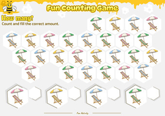 Count and fill the blank space to the correct number Beehive theme with beach chair