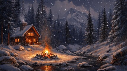 Cozy Cabin in Winter Forest Generative AI