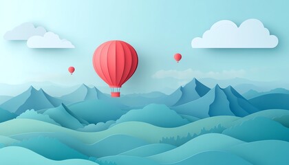 Obraz premium Charming hot air balloon floating above hills and mountains, paper art style with clear sky and copy space, perfect for banners, rich colors, highresolution