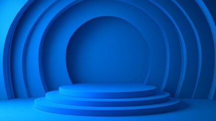 Obraz premium Blue abstract background with circular shapes and podium for product display.