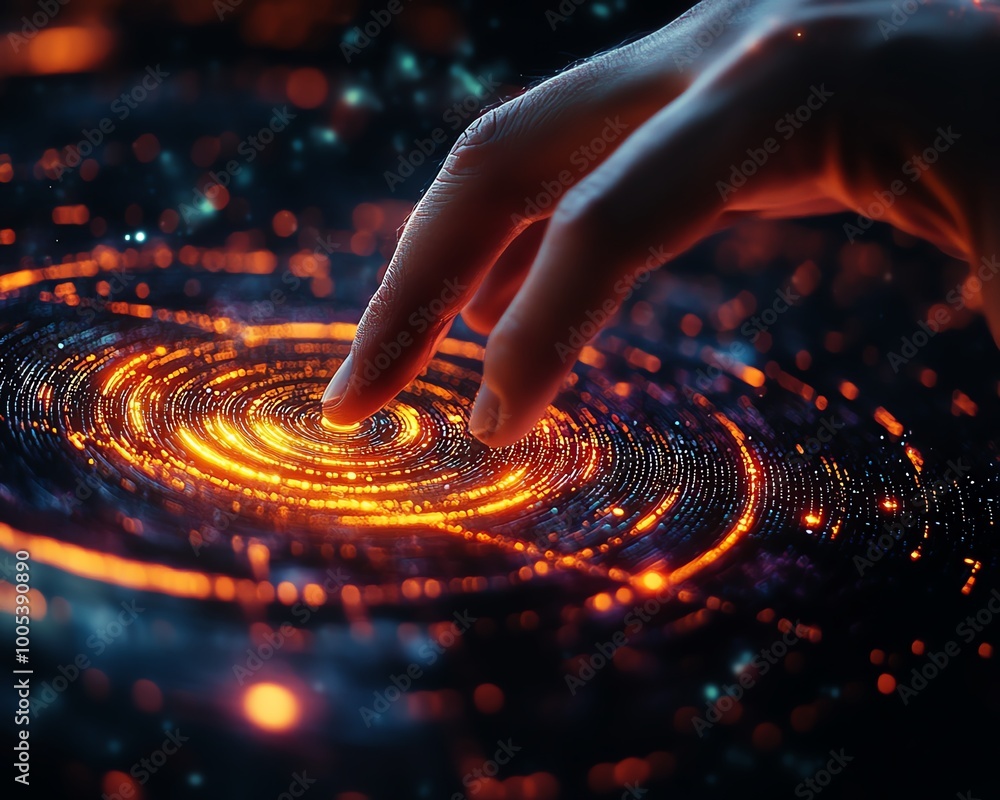 Fototapete Closeup of a hand interacting with a spinning data flow, vibrant data flow processing visualization background, hightech and detailed, ultraHD