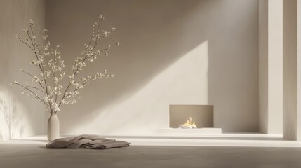 Serene Minimalist Living Room with Cozy Fireplace, Soft Blankets, and Seasonal Blooms