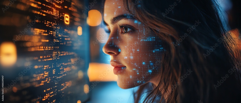 Poster Closeup of a Privacy Lock icon on a laptop screen, woman using computer with virtual interfaces, emphasizing digital security, ultraHD