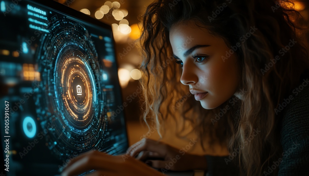 Aufkleber closeup of a privacy lock icon on a laptop screen, woman using computer with virtual interfaces, emp
